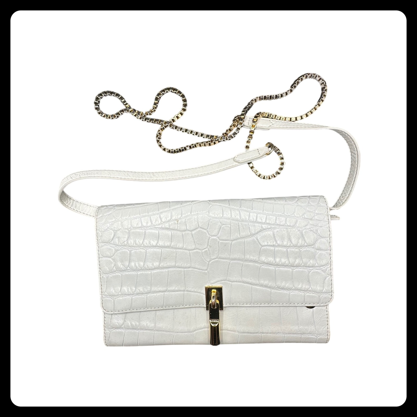 Elizabeth James White Croc Embossed Leather Chain Crossbody Flap Bag